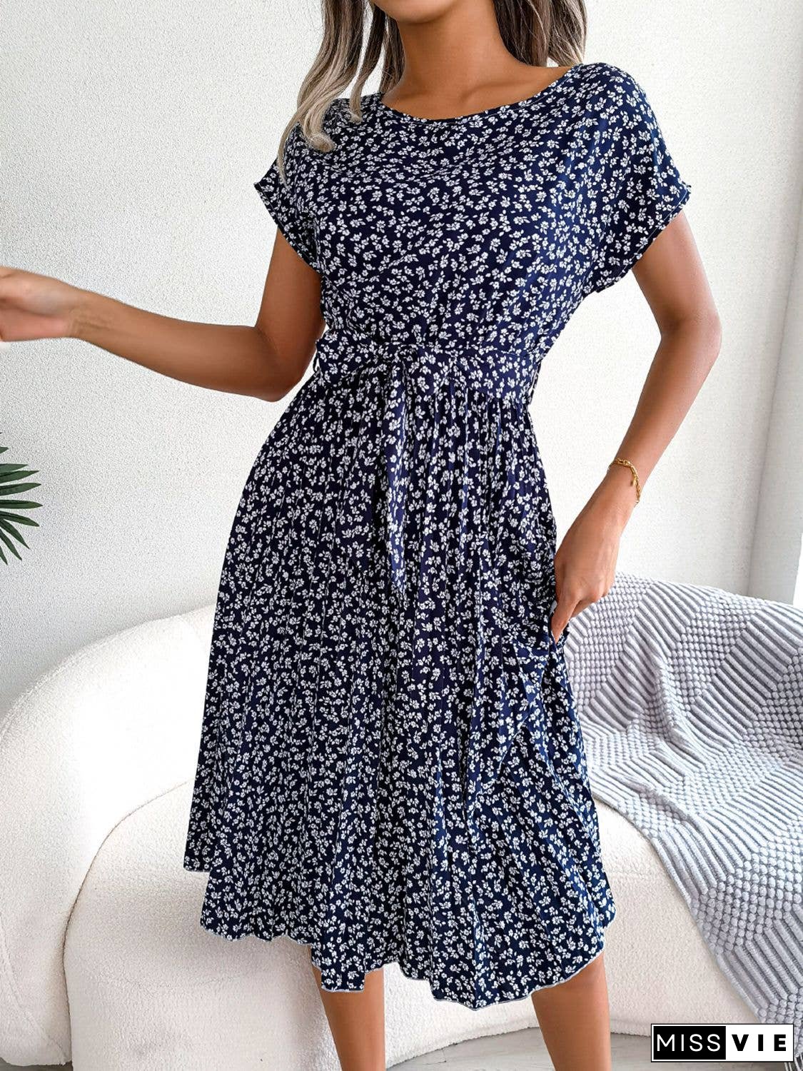 Ditsy Floral Pleated Belted Dress
