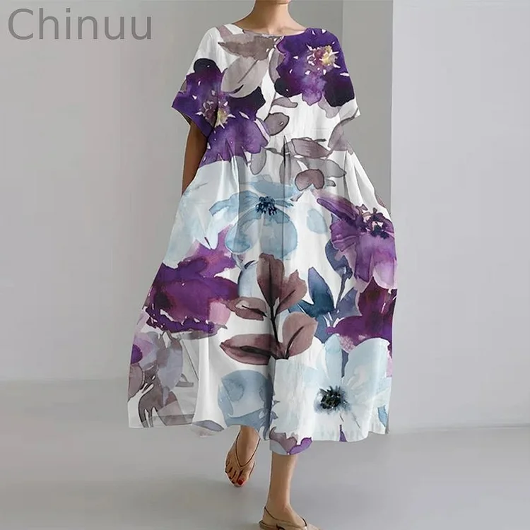Women's Retro Floral Design Printed Casual Loose Dress