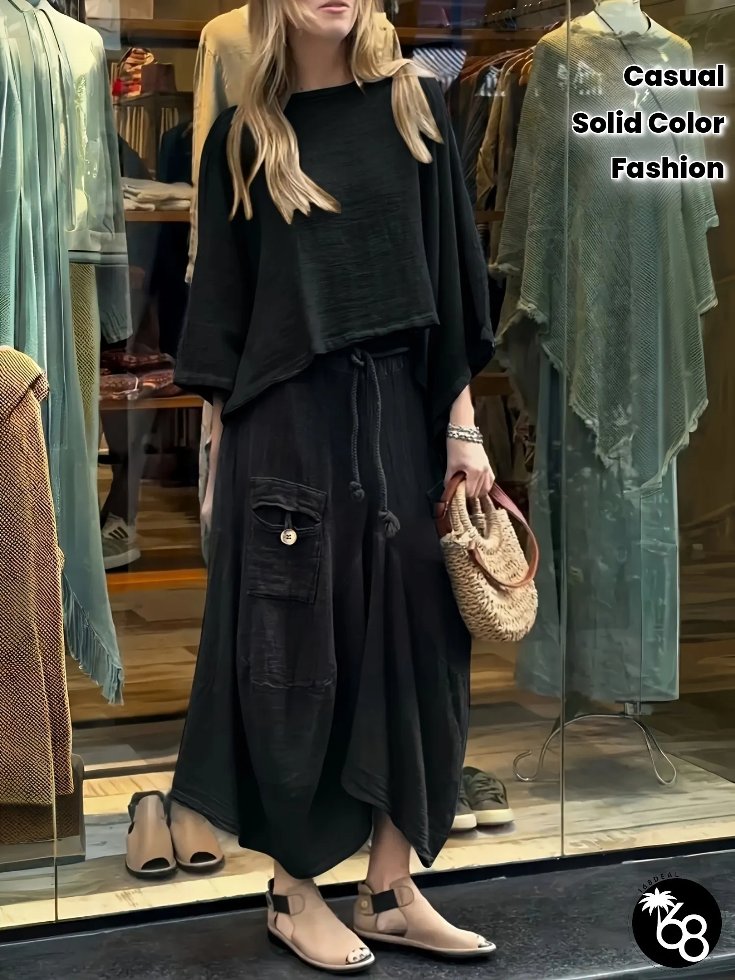Solid Color Fashion Top And Skirt Set Spring Summer Womens Casual Round-neck Dress | 168DEAL