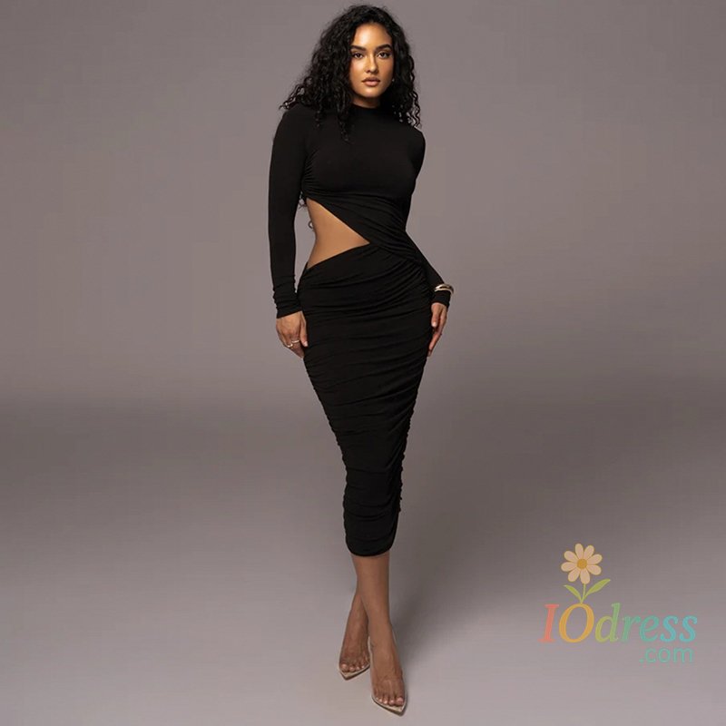 IO Dress Casual Women Dress Fashion Sexy Solid Streetwear O-Neck Full Sleeve Hollow Out Sheath Long Elegant Bodycon Vestidos Robe Female