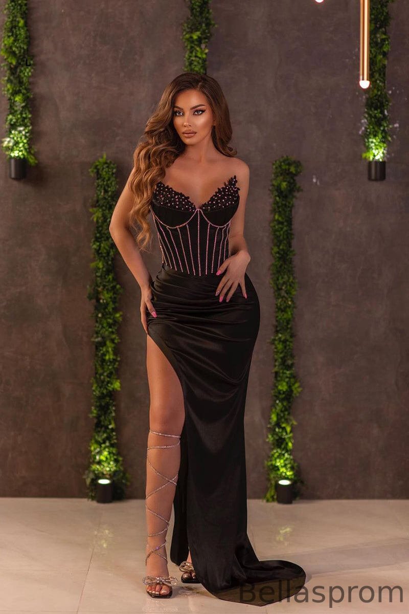 Bellasprom Black V-Neck Sleeveless Mermaid Prom Dress With Split Beads Bellasprom