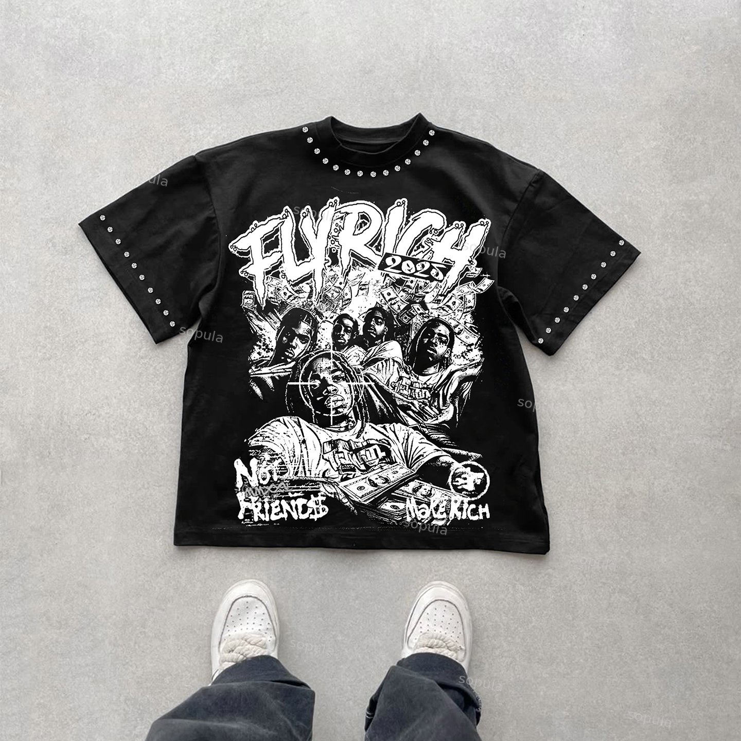 Fly Rich 2025 Portrait Hot Diamond Process Design Cotton T-shirt