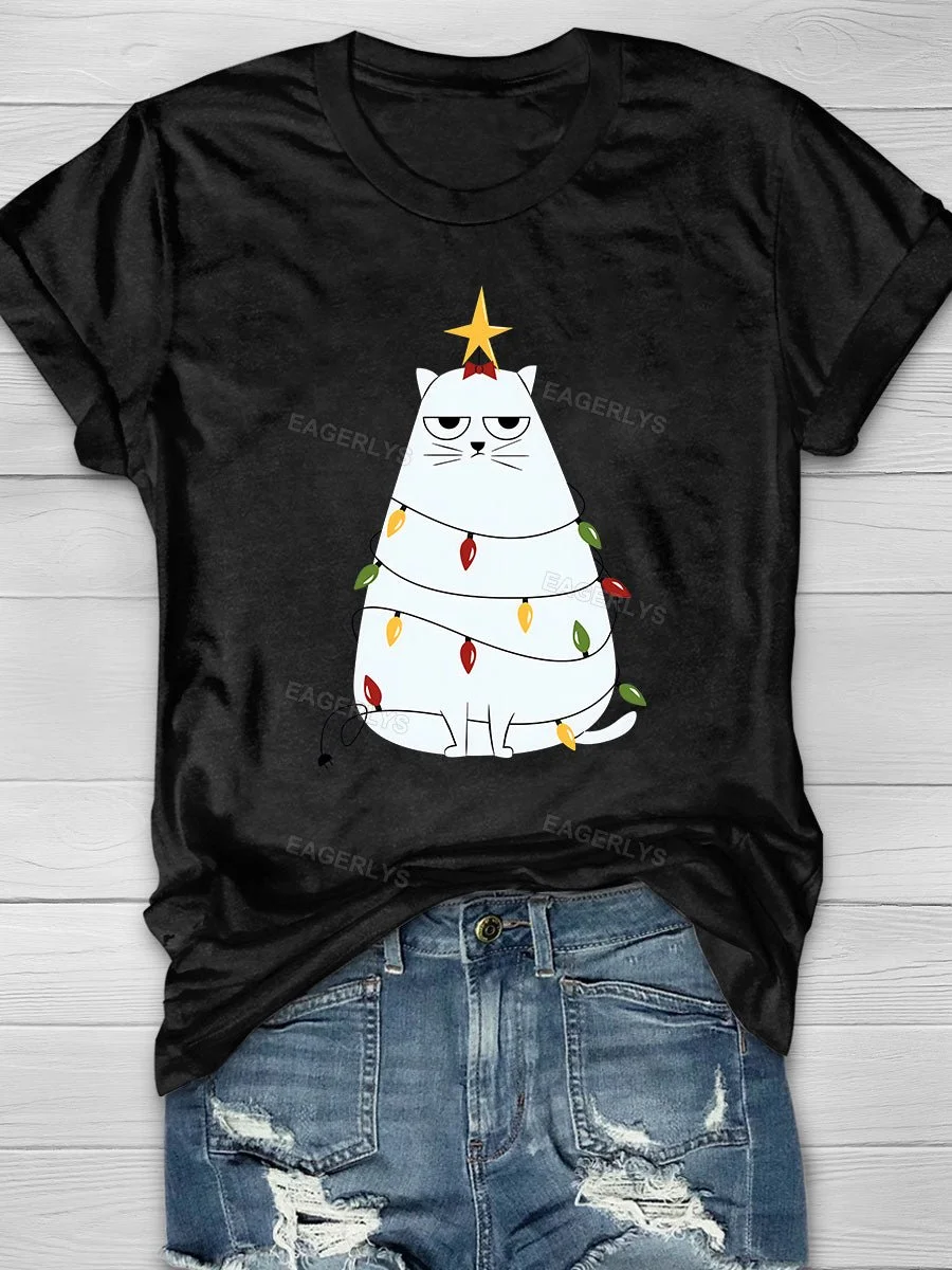 Eagerlys Christmas Tree & White Cat & Star Print Short Sleeve T-shirt Eagerlys