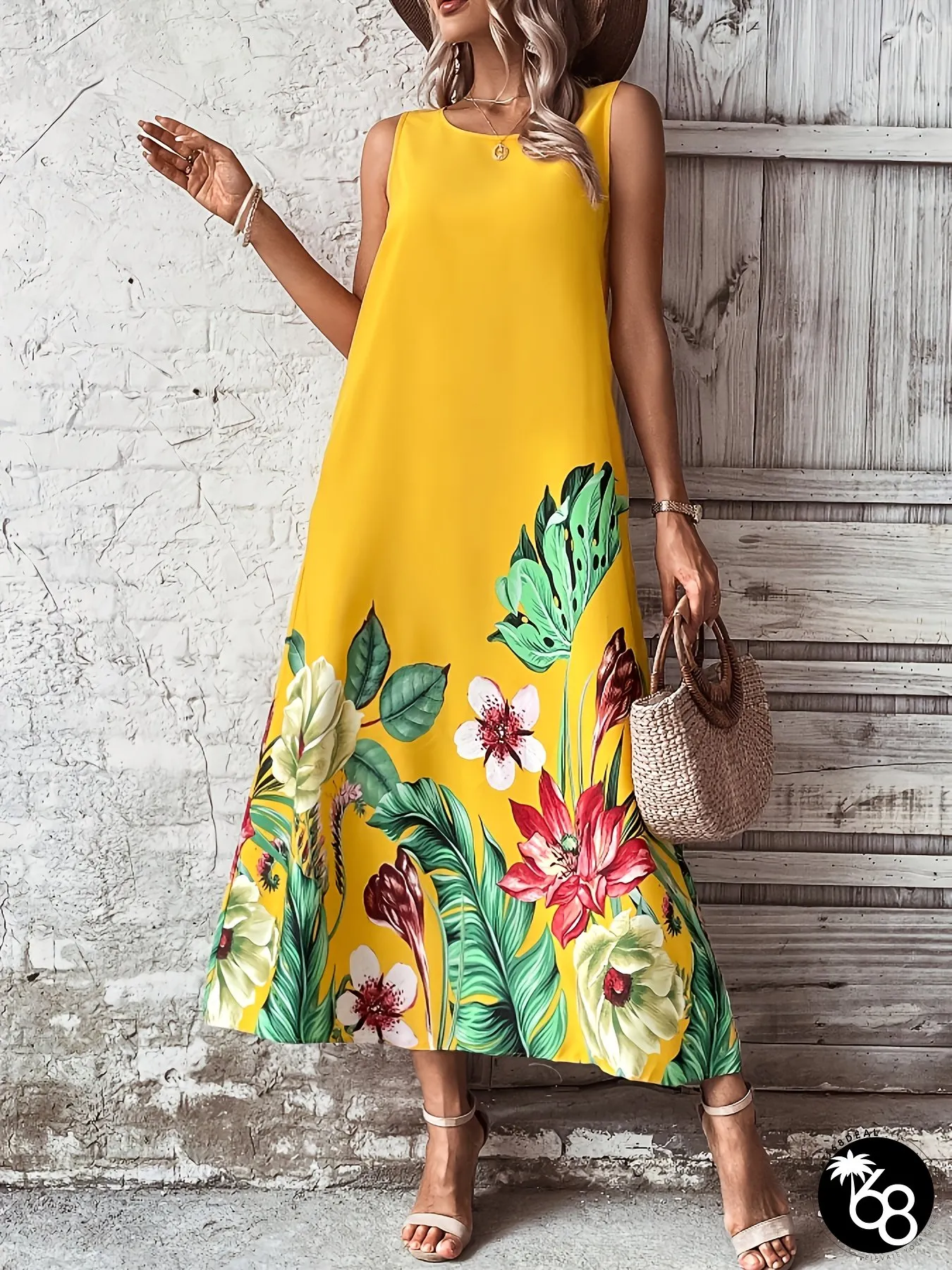 Womens Yellow Floral Print Maxi Dress with Pockets Casual Summer for Adults Vibrant | 168DEAL