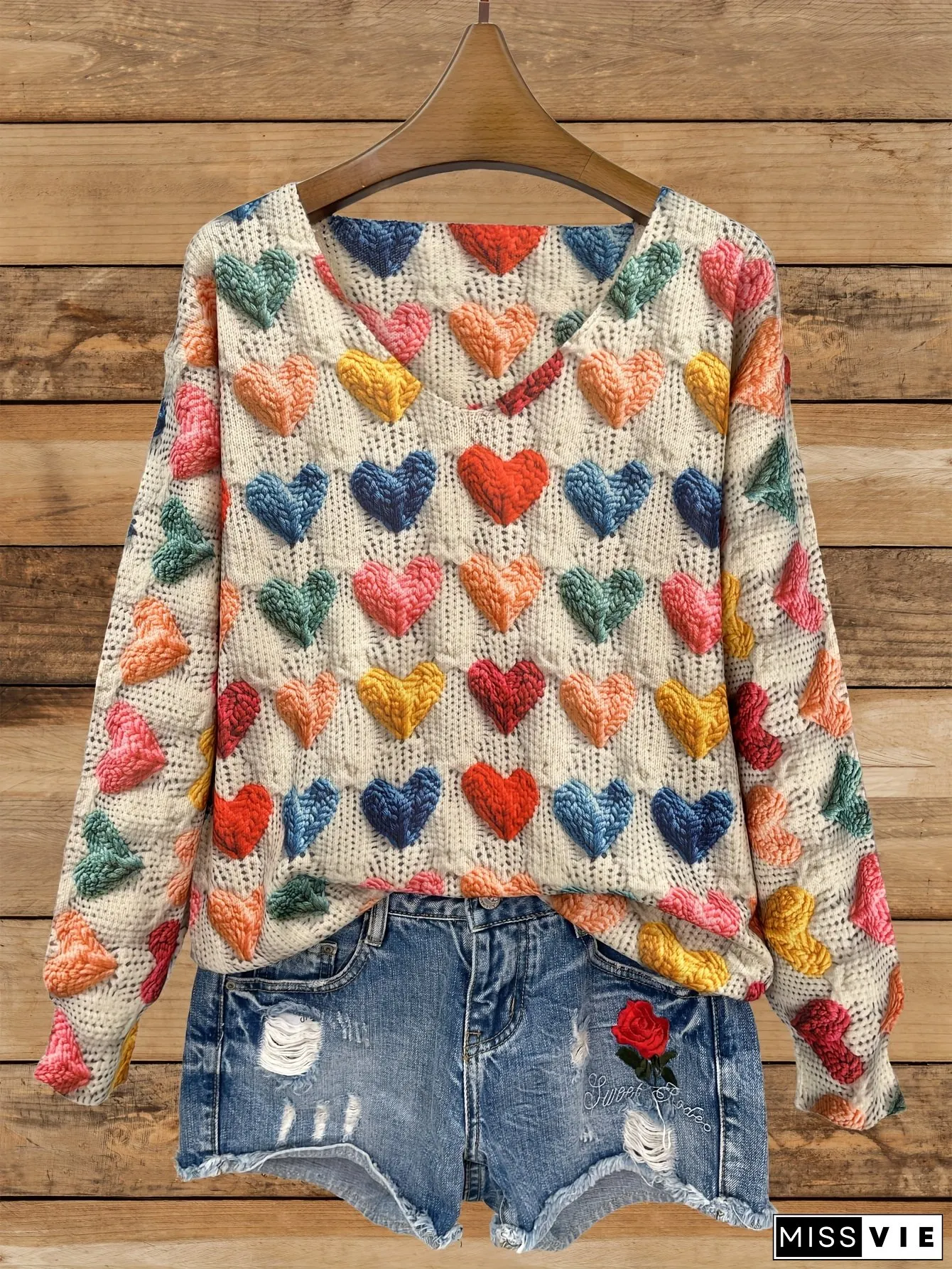 Womens Lightweight V-Neck Sweater All-Over Heart Print Casual chic long sleeve top vibrant