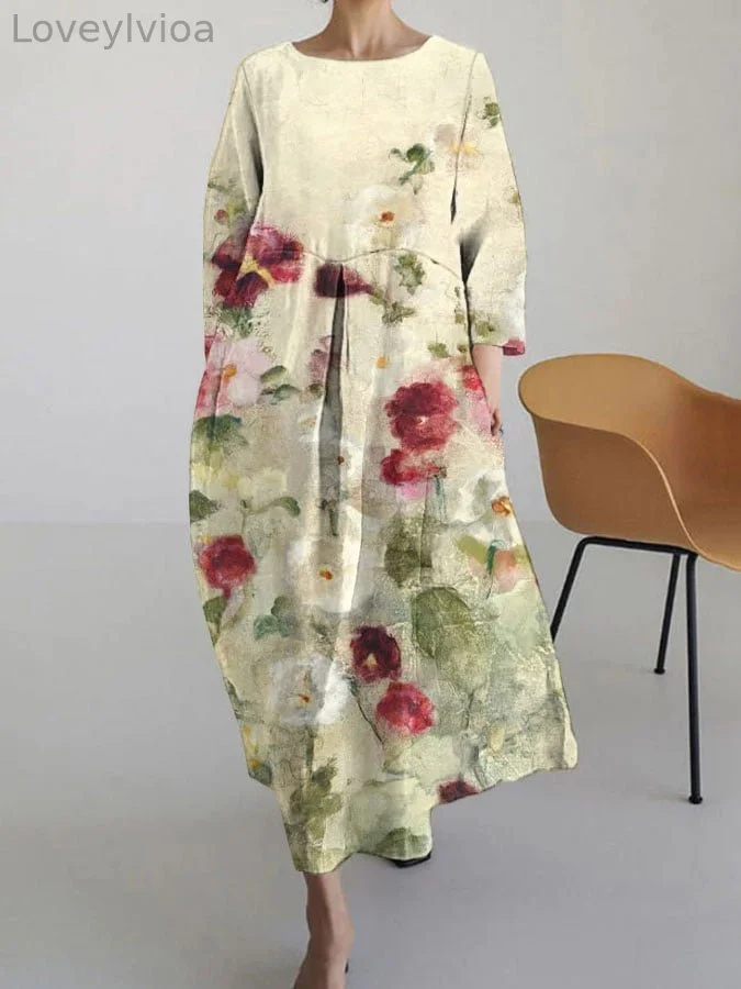 Women's Floral Print Casual 3/4 Sleeve Dress