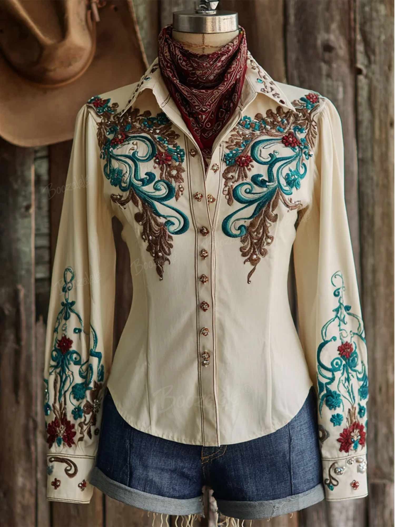 Women's Vintage Western Floral Art - 100% Cotton Shirt
