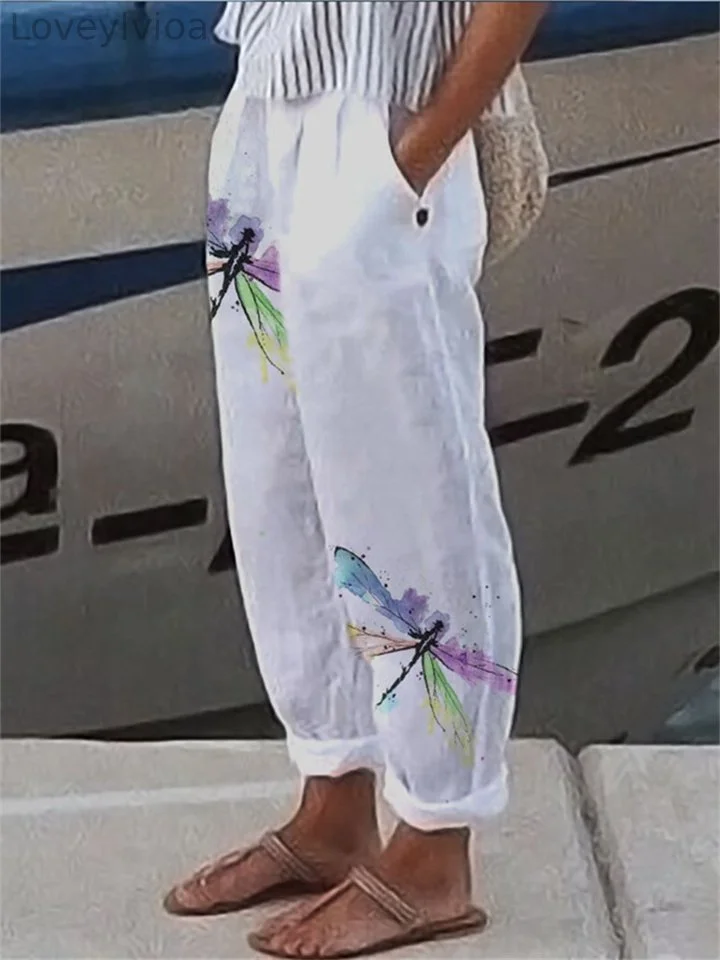 Women's Pants Trousers Cotton And Linen Black White Yellow Casual Casual Daily Wear Full Length Breathability Butterfly S M L XL 2XL