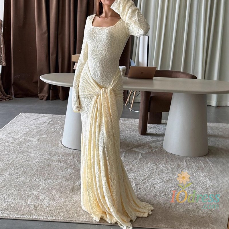 IO Dress Simple Solid High Waist Bridesmaid Dress Women's Square Neck Long Sleeved Patchwork Party Dress Lace Embroidery Slim Robe Dress