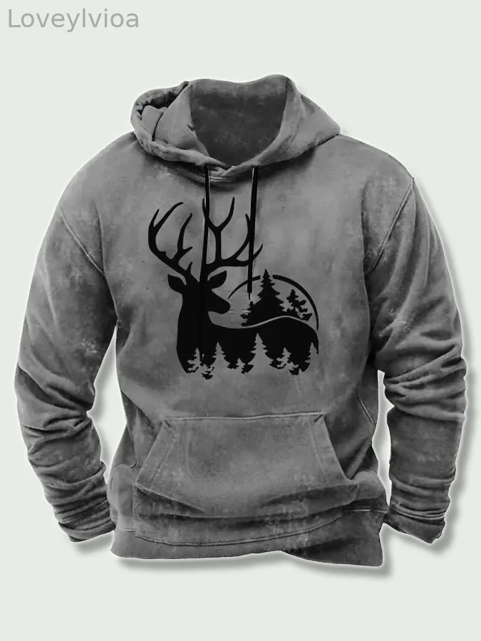 Casual Vintage Elk Print Hoodie