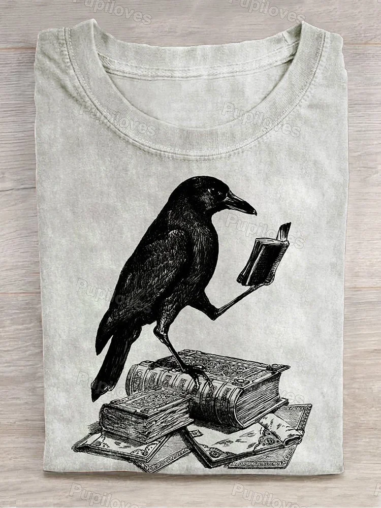 Pupiloves Pupiloves  Unisex Raven Art Print Crew Neck Short Sleeve T-Shirt