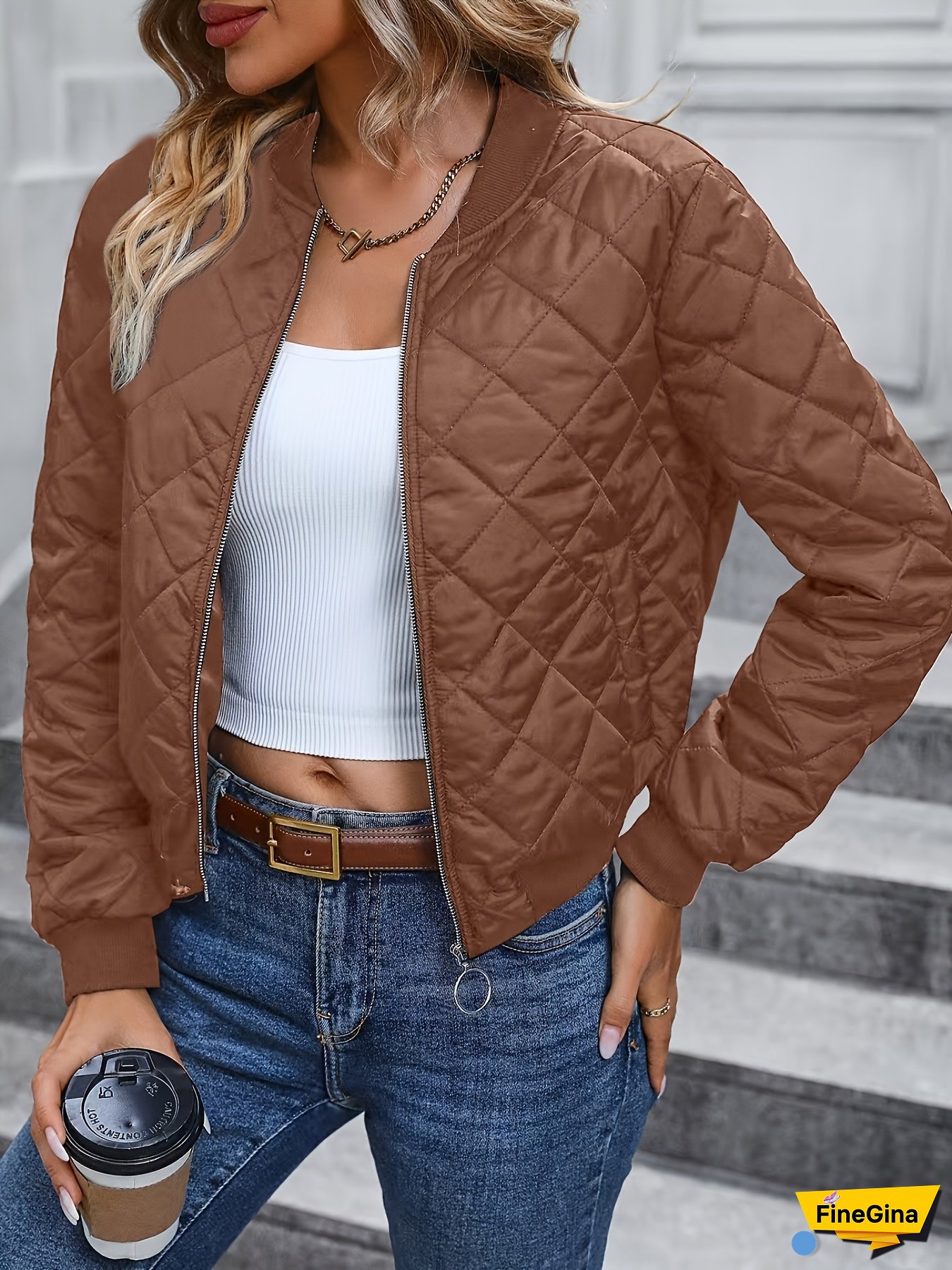 [Quilted Jacket] Autumn Winter Quilted Baseball Collar Jacket | Women's Loose Fit Casual Zipper Front Jacket, Machine Washable & Dry Cleanable, Solid Color Outerwear