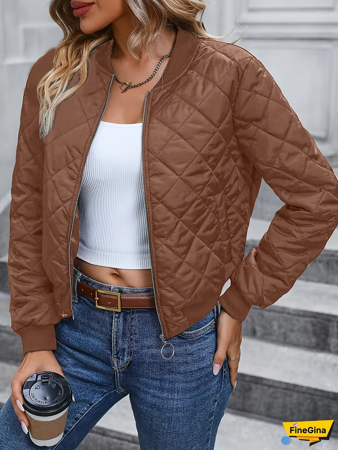 [Quilted Jacket] Autumn Winter Quilted Baseball Collar Jacket | Women's Loose Fit Casual Zipper Front Jacket, Machine Washable & Dry Cleanable, Solid Color Outerwear