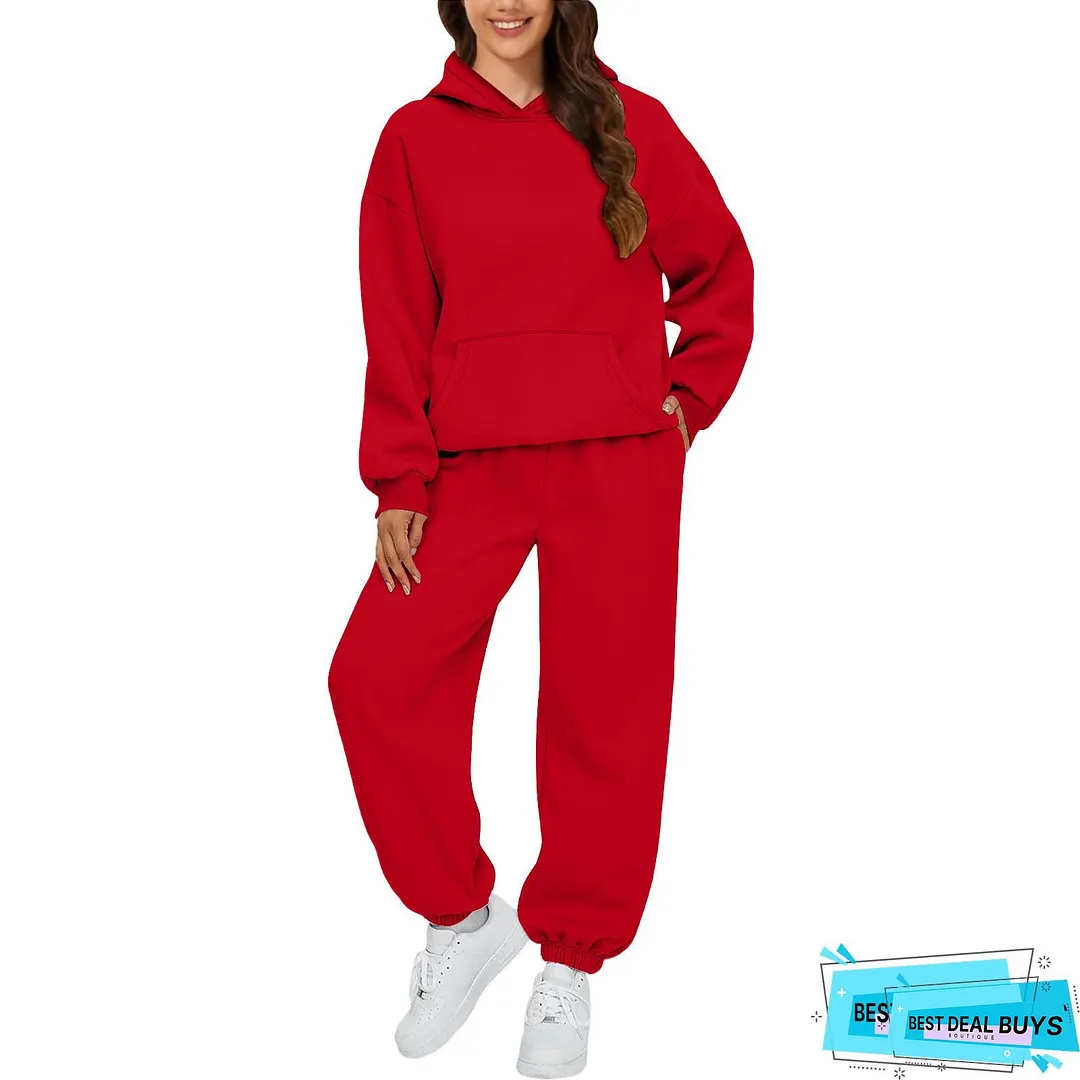 Womens Cozy Fleece Hoodie Jogger Set Black with White Leaf Print Long Sleeve Pullover