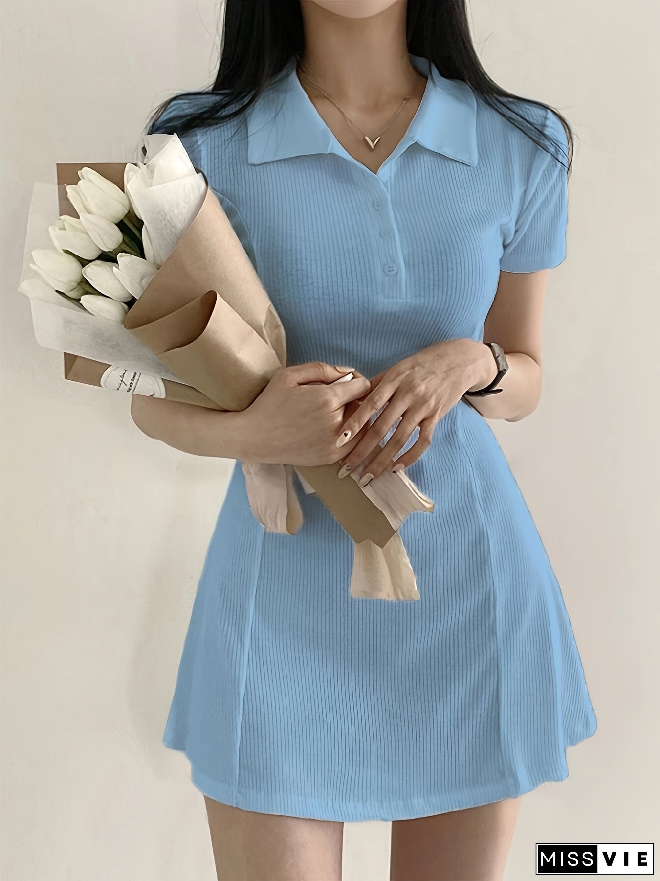 Women's Solid Color Polo Dress With Cat Ear Detail - Short Sleeve, Knit Fabric, Light Blue, Casual Spring/Summer Attire, Casual Attire | Playful Detail | Knit Construction