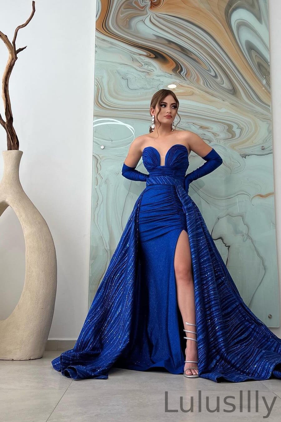 Chic Royal Blue Sweetheart Mermaid Evening Gown With Split Detachable Skirt - lulusllly