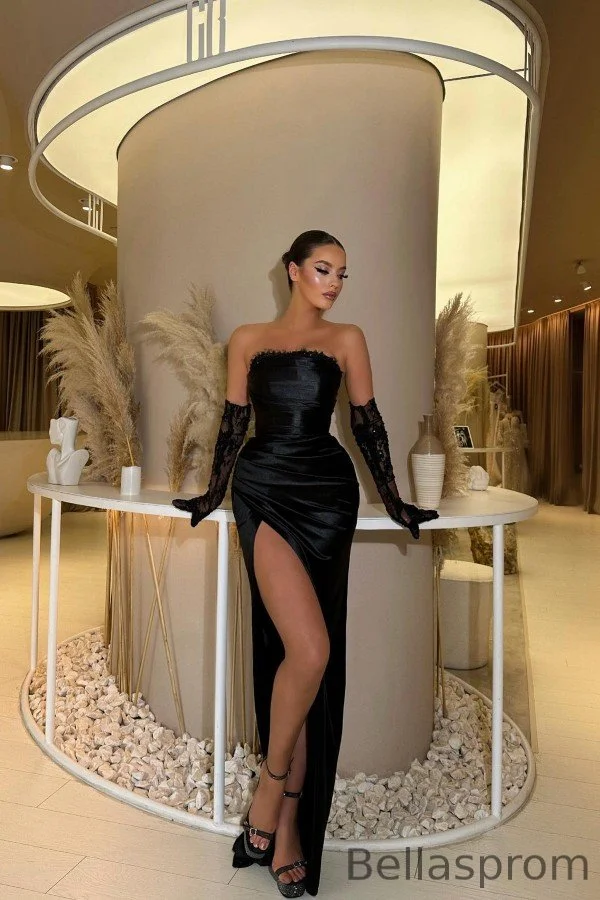 Bellasprom Black Strapless Mermaid Prom Dress Pleats With Split Same as Picture-US2
