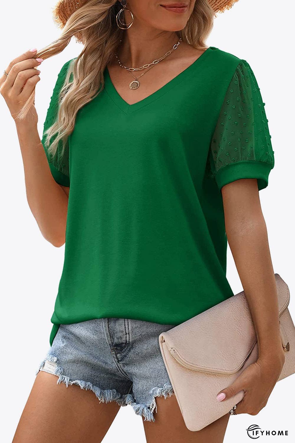 Swiss Dot Puff Sleeve V-Neck Tee | IFYHOME