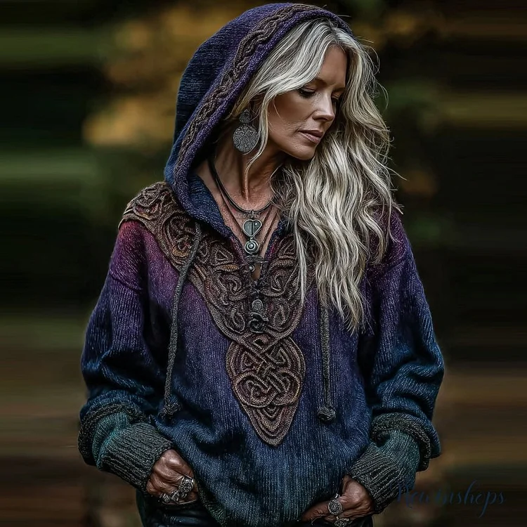 Women's Viking Celtic Knot Art Knitted Warm Hooded Sweater