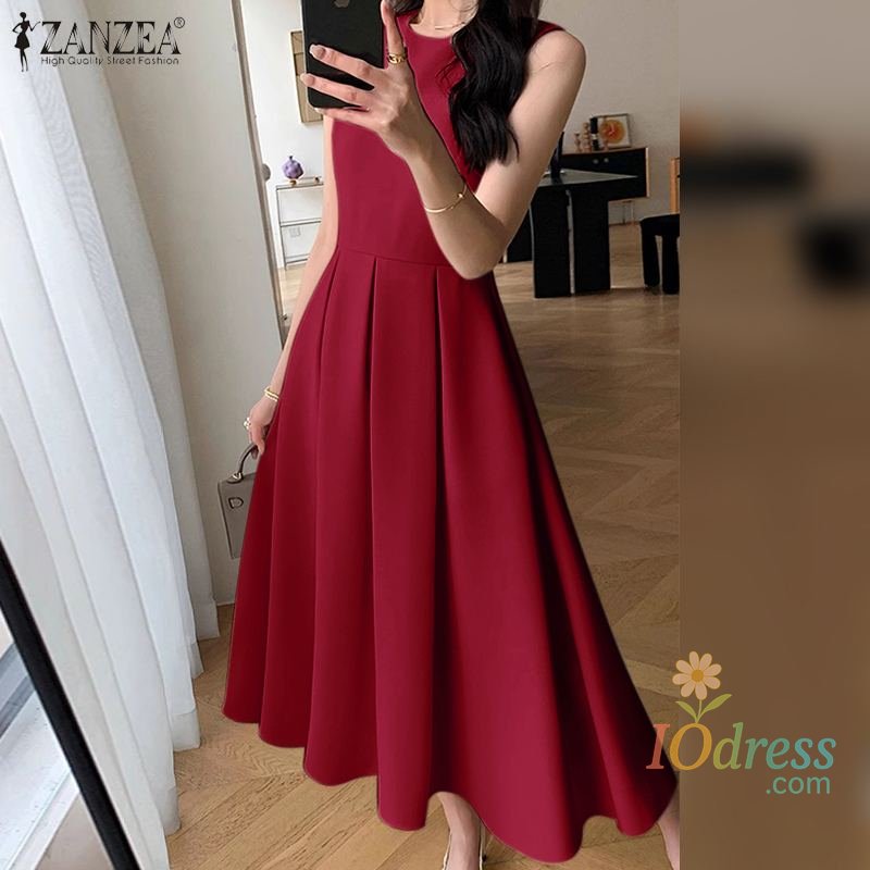 IO Dress Shop Women Sleeveless Pleated Dress Korean A-line Tank Sundress 2024 Summer Elegant Swing Maxi Vestido Vintage Party Long Robe IO Dress