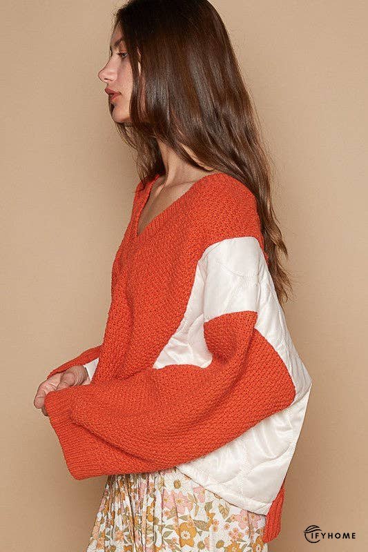 POL Cable Knit Quilting Patch V-Neck Contrast Sweater | IFYHOME
