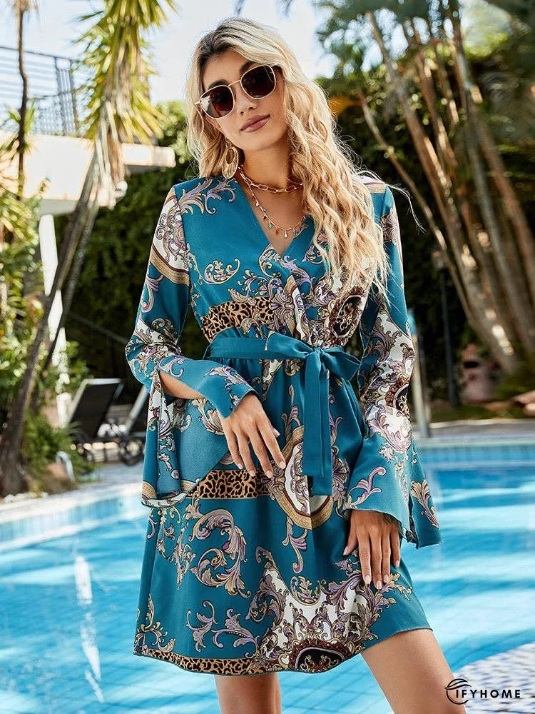 Printed Tie Belt Slit Flare Sleeve Dress | IFYHOME