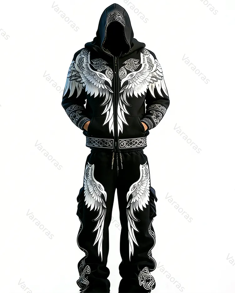 Men's Spring Viking Embroidered Hoodie and Pants Two-Piece Set   4201