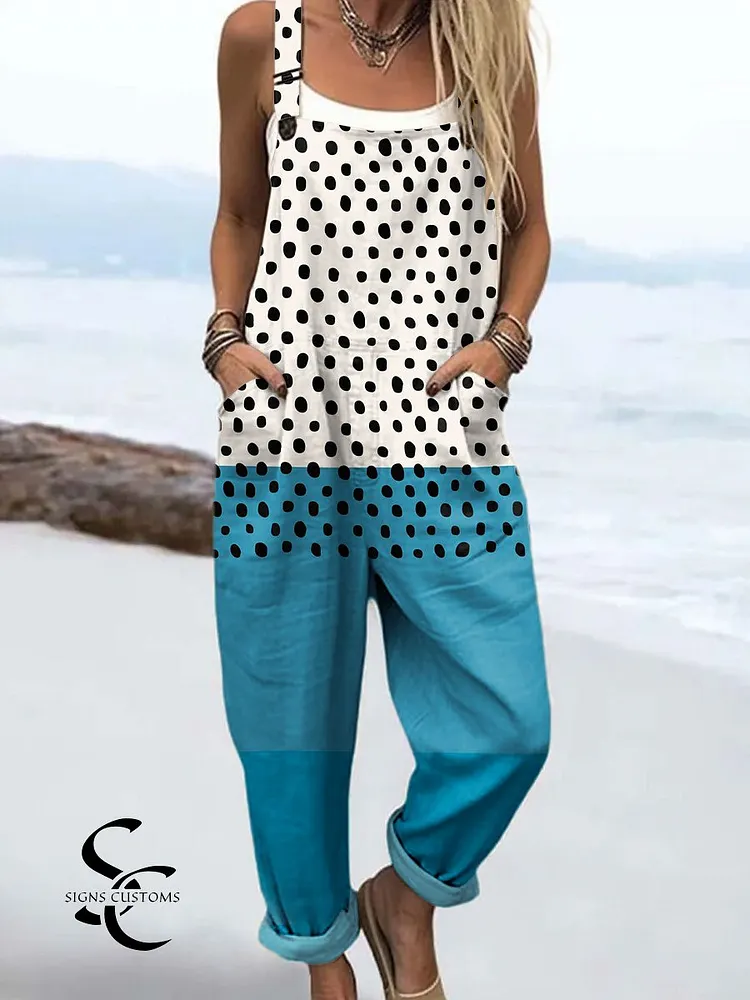 Women's Fashion Color Block Dot Art Print Casual 100% Cotton Wide Leg Jumpsuit