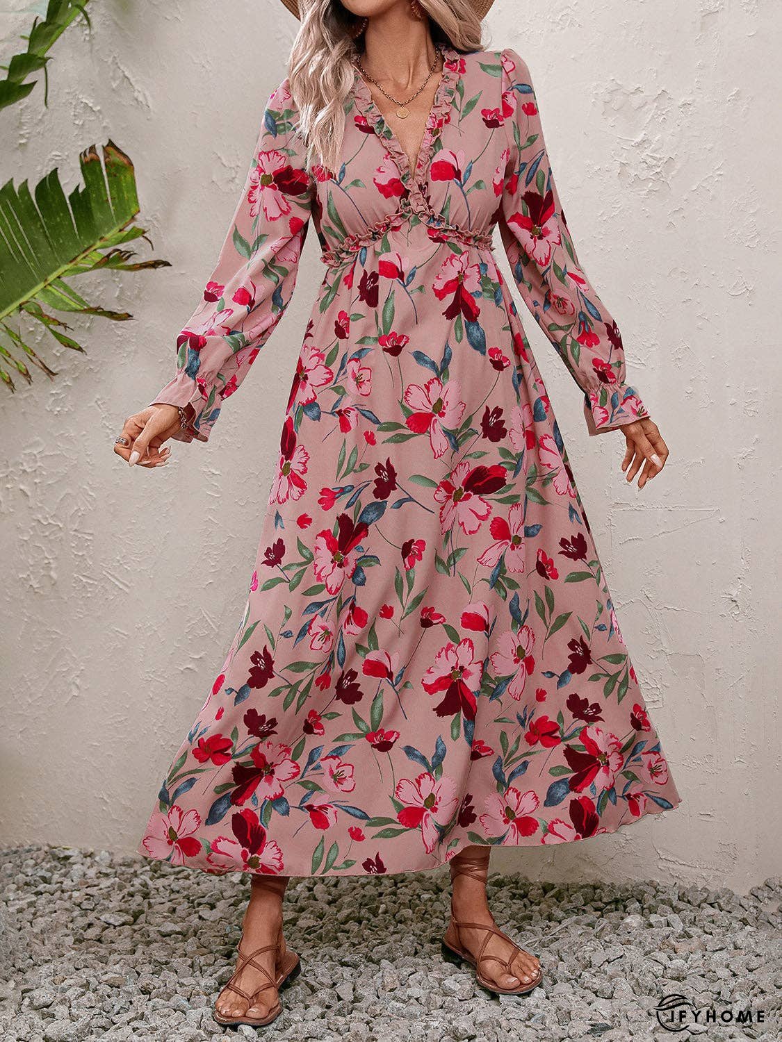 Floral Frill Trim V-Neck Maxi Dress | IFYHOME