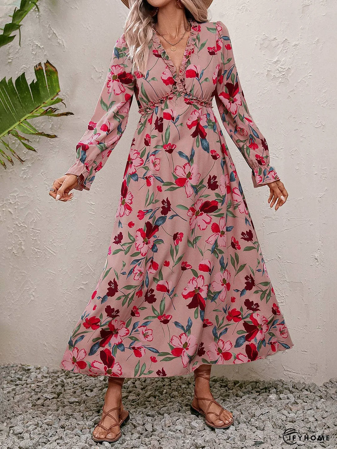 Floral Frill Trim V-Neck Maxi Dress | IFYHOME