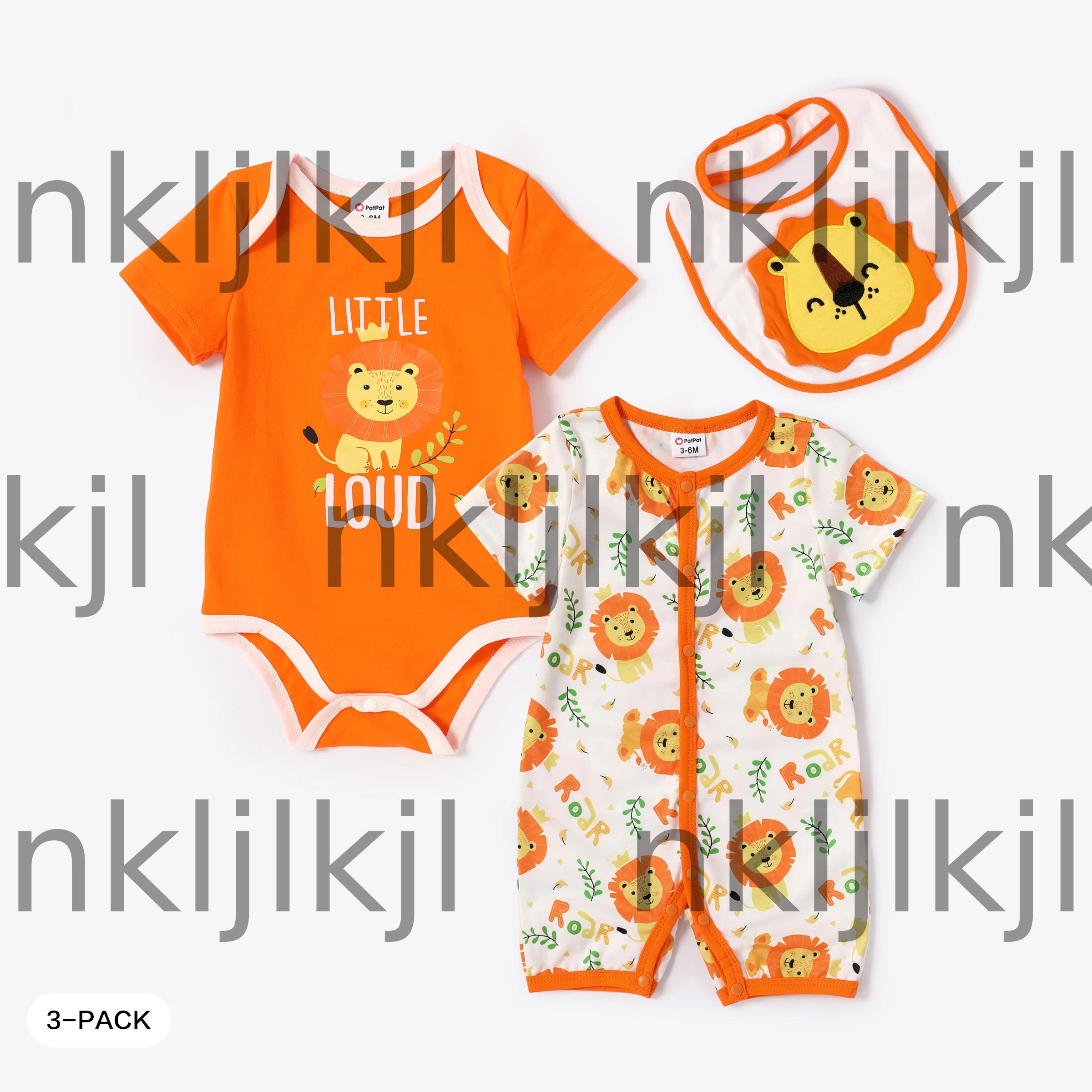 Baby Boy/Girl 3pcs Lion Print Romper and Jumpsuit and Bib Set