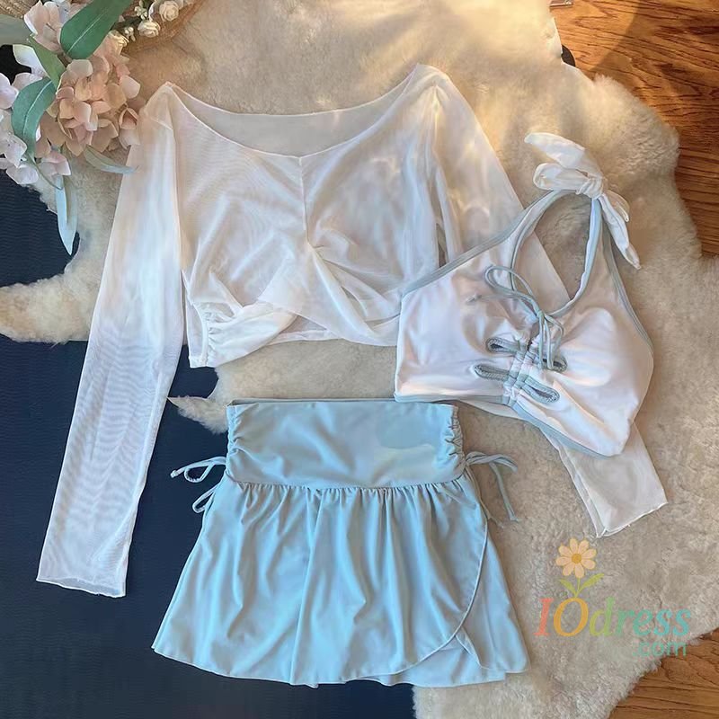 IO Dress sexy Korean fashion blue bandage swimsuits three pieces ruffles mini skirt culottes bikinis sweet beach outfits biquini tankini