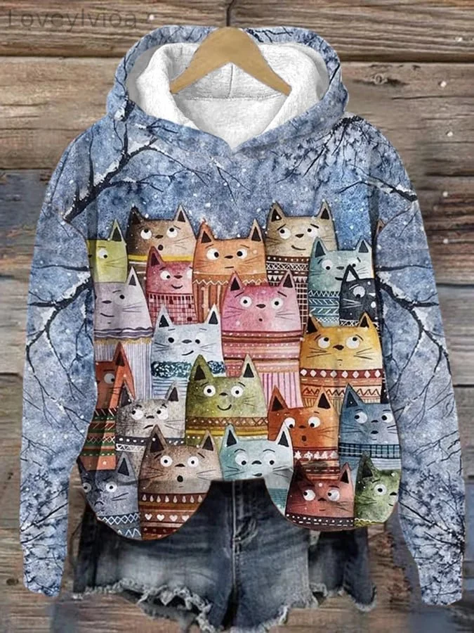 Women's  Winter Cat Print Hoodie