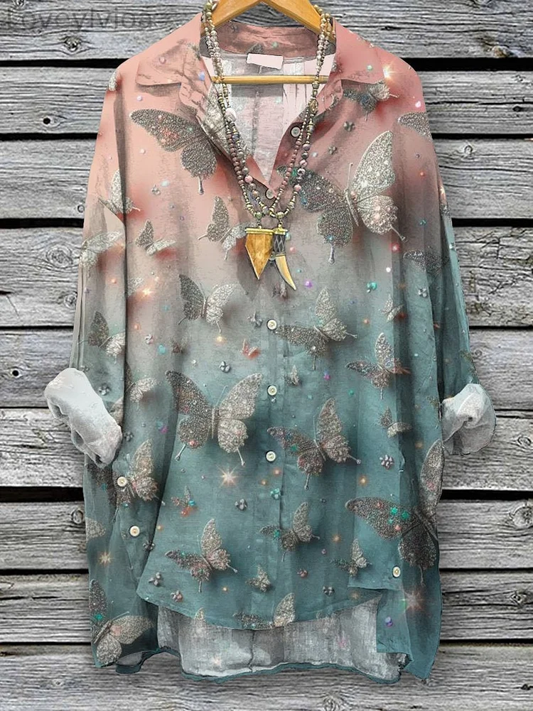 Women's Pretty Butterfly Print Casual Cotton And Linen Shirt