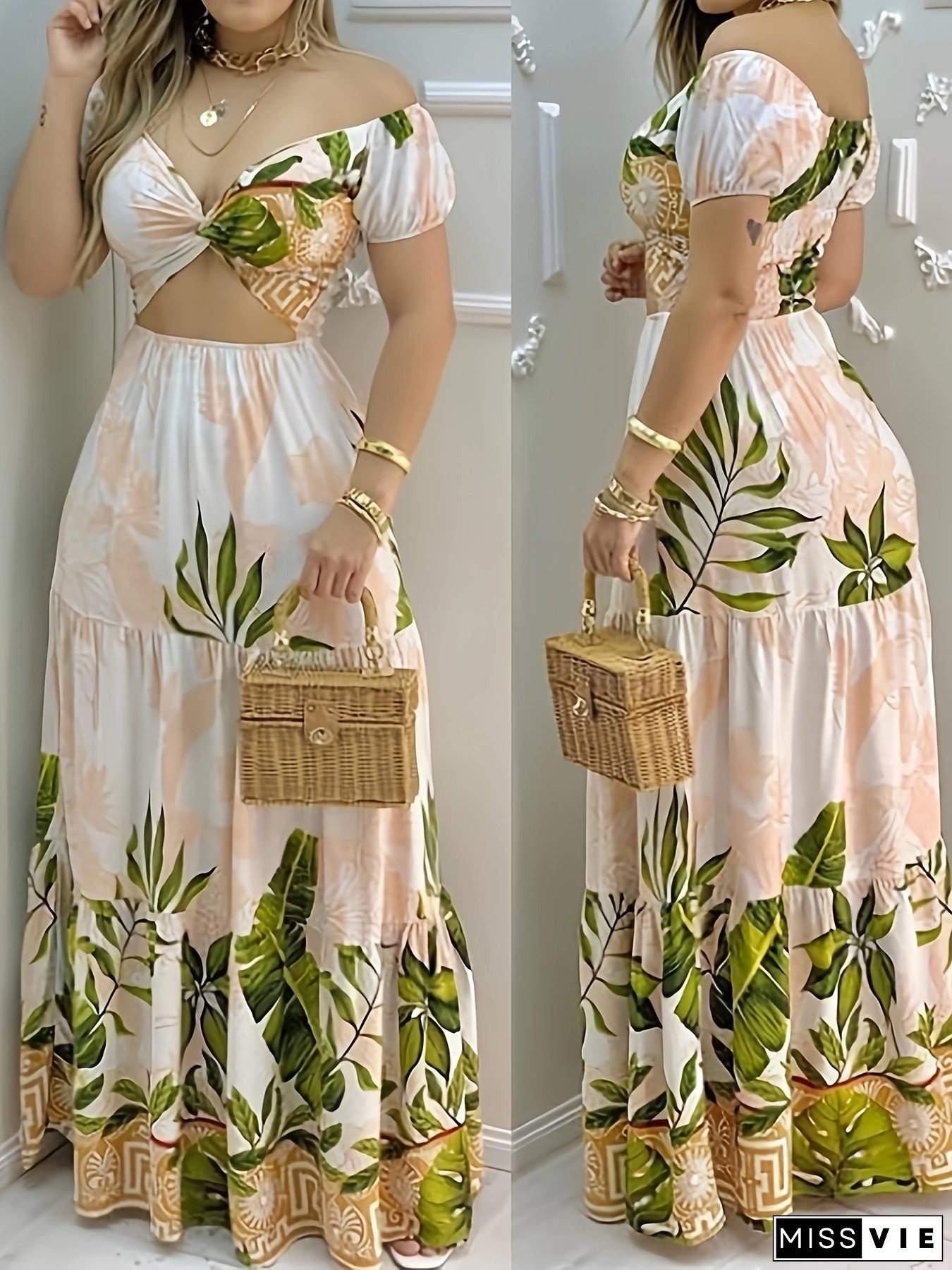 Off-Shoulder Summer Vacation Dress Casual V-Neck Long Dress Women's Elegant Print Slim Fit Navel-Baring Party Club Hollow-Out Maxi Dress