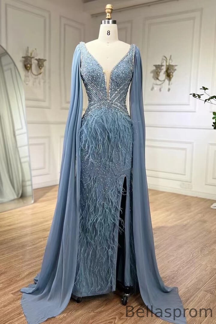 Bellasprom Dusty Blue V-Neck Evening Gown Mermaid Slit Long With Beadings Feather Bellasprom