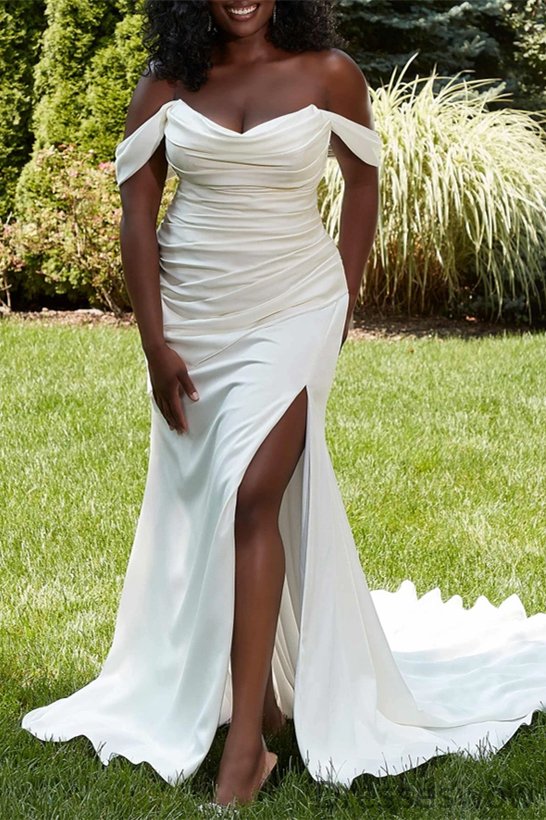 Dresseswow Off-the-Shoulder Sweetheart Wedding Dress Satin Mermaid Slit Long With Pleats