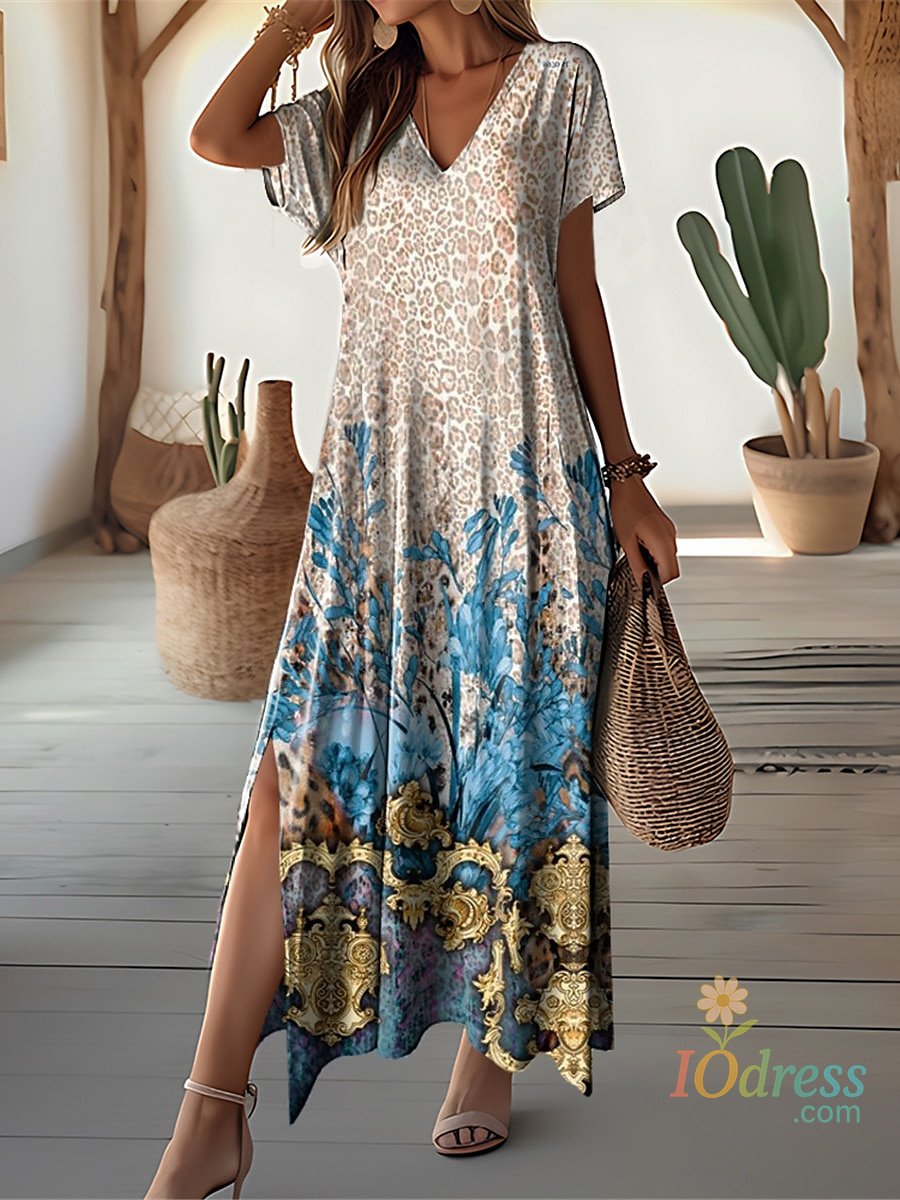 IO Dress Retro Floral Print Dresses For Women's Plus Size V-Neck Female Long Dresses Elegant Short Sleeve Dress Fashion Summer 2024 IO Dress