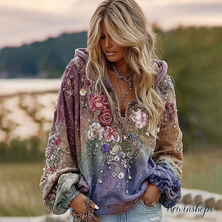 Women's Boho Flowers Embroidered Sequined Tie Dye Hoodie