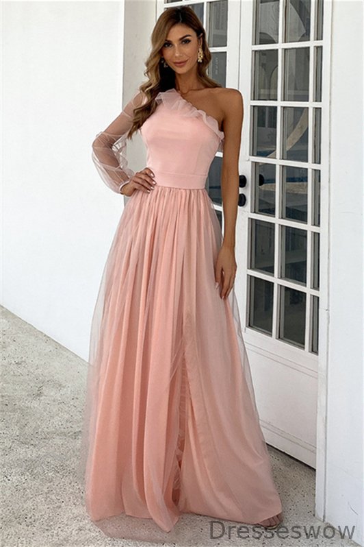 Dresseswow One Shoulder Pink Evening Dress Long Sleeves A-Line YE0175