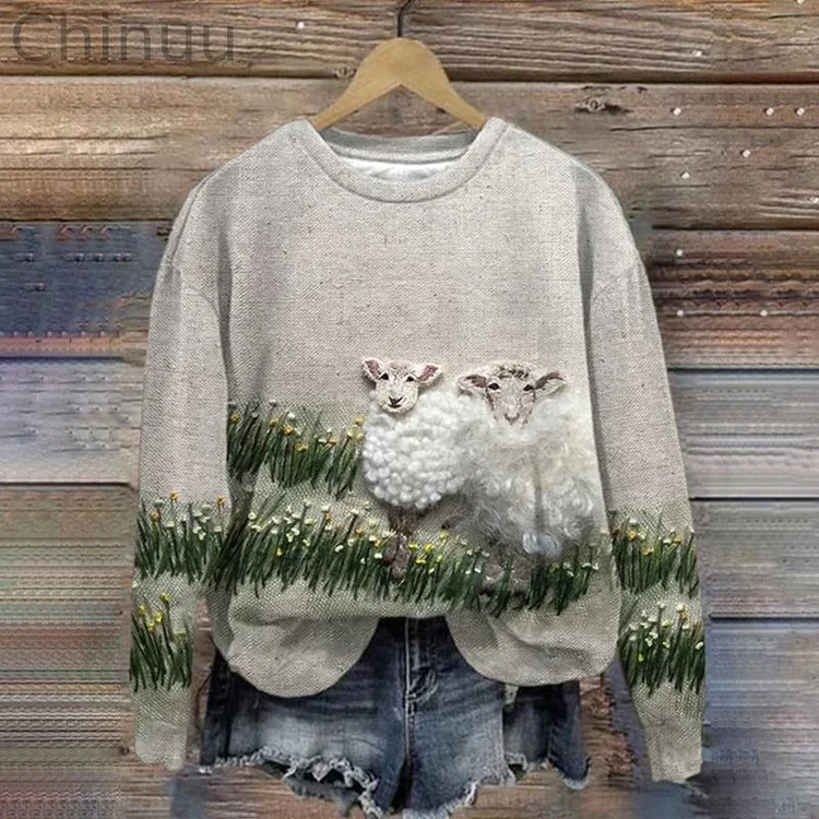 Vintage Sheep Grass And Flowers Print Sweatshirt