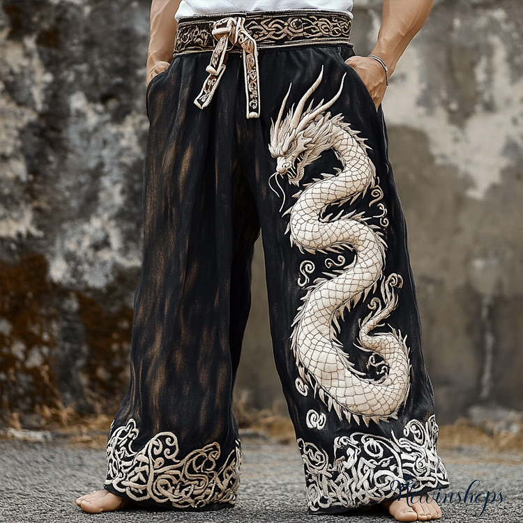 Men's Vintage Tribal Viking Dragon Art Linen Pants
