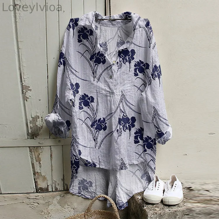 Vintage Flower Print Long Sleeve Loose Shirt