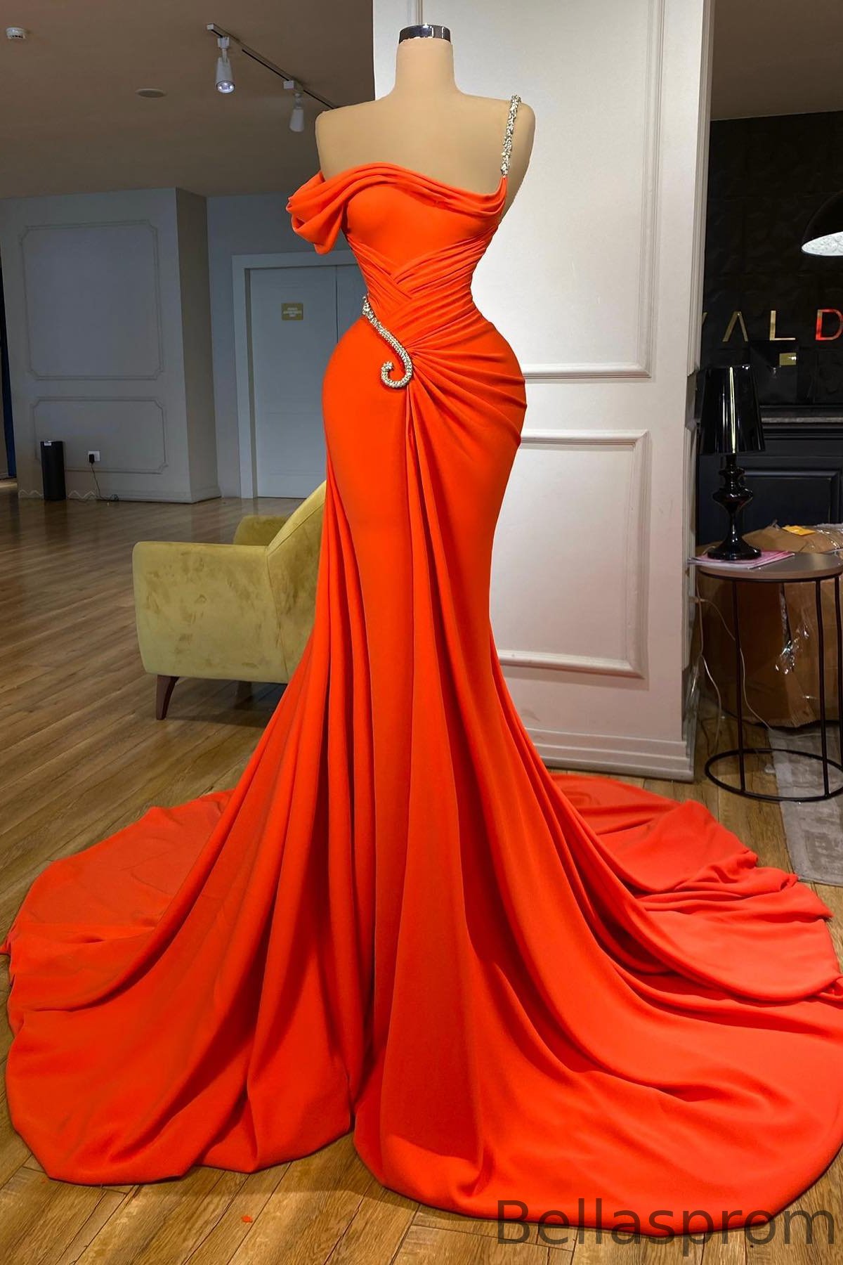 Bellasprom Orange One Shoulder Mermaid Prom Dress With Beadings Bellasprom