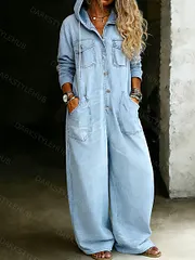Women’s Cotton One Piece Denim Hoodie Jumpsuit