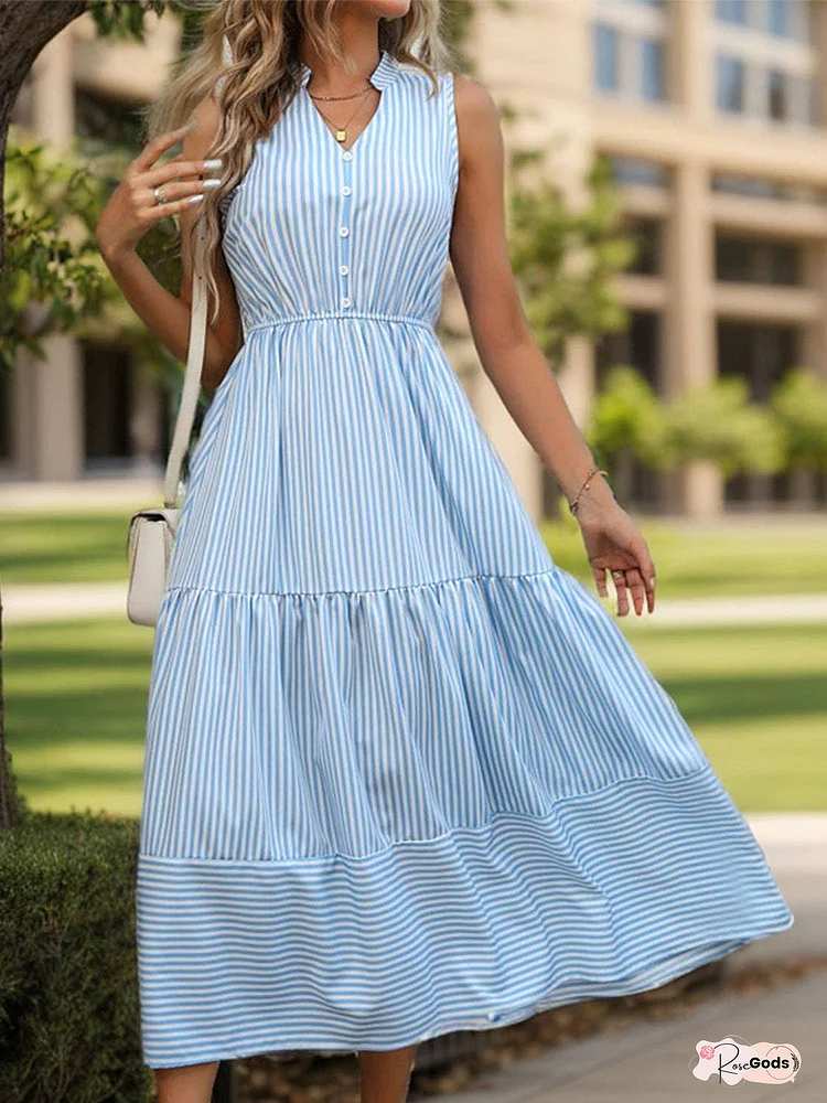 Striped Notched Sleeveless Midi Dress