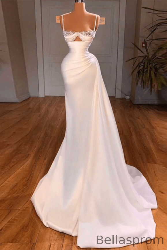 Bellasprom White Spaghetti-Straps Sleeveless Mermaid Prom Dress With Beads Bellasprom