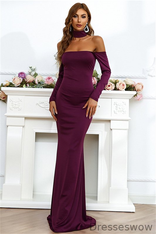 Dresseswow Long Sleeves Purple Mermaid Evening Dress Off-the-Shoulder YE0165