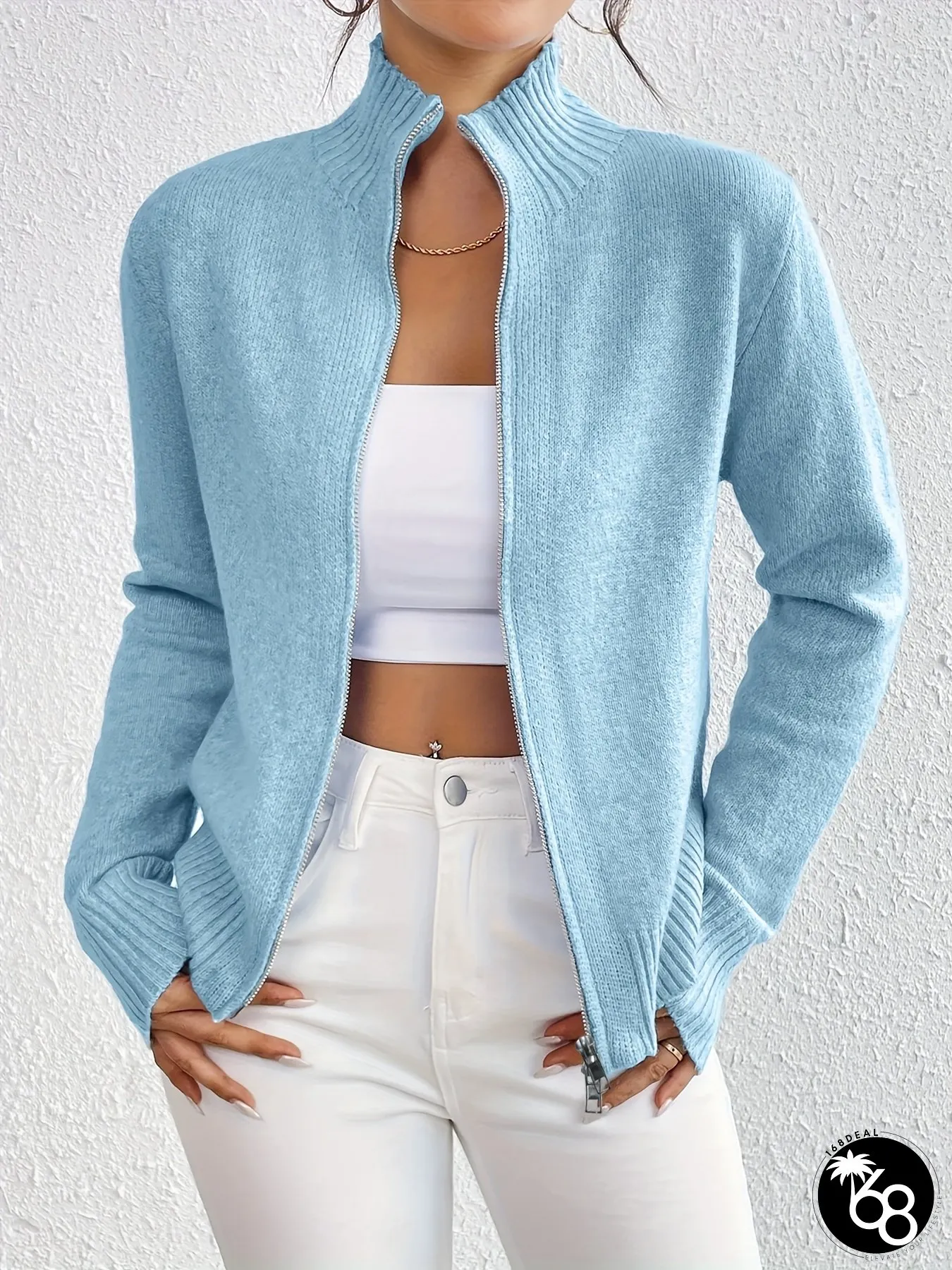 Womens Elegant Solid Color Zip-Up Cardigan Light Blue Long Sleeve Pullover with Medium | 168DEAL