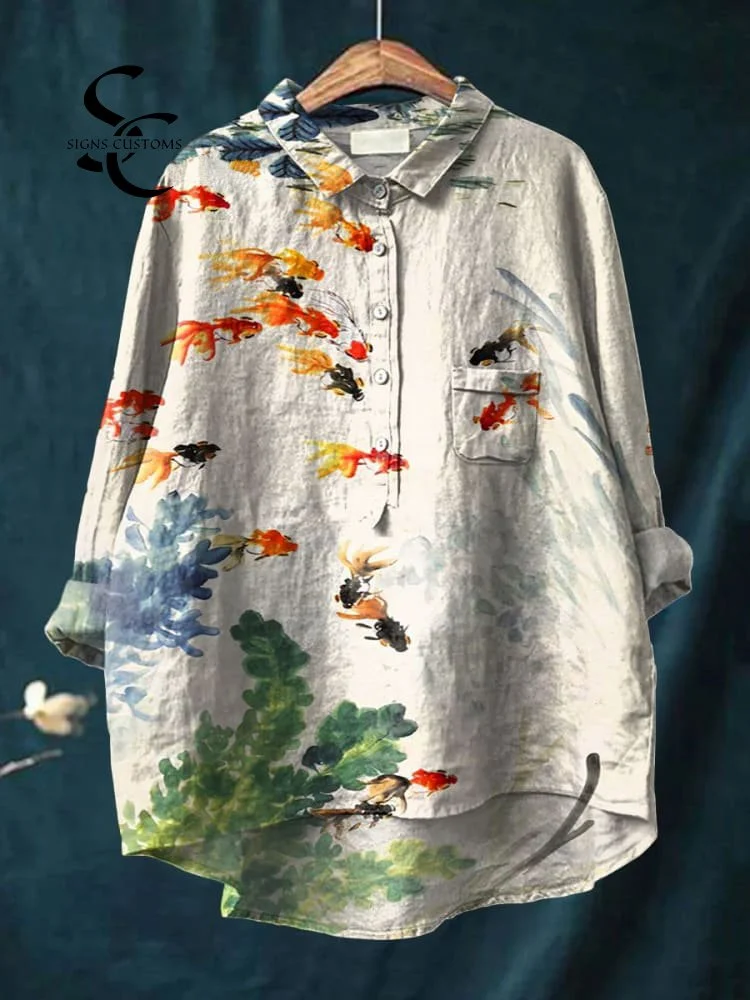 Women's Fish Art Print Casual Cotton And Linen Shirt